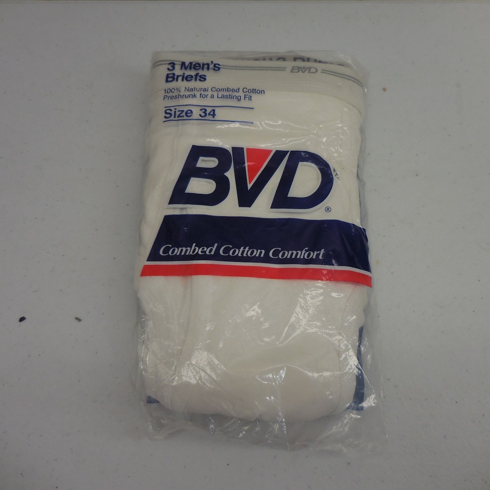 Vintage 1992 BVD Mens Briefs 3 Pack White Combed Cotton Size 34 Deadstock New